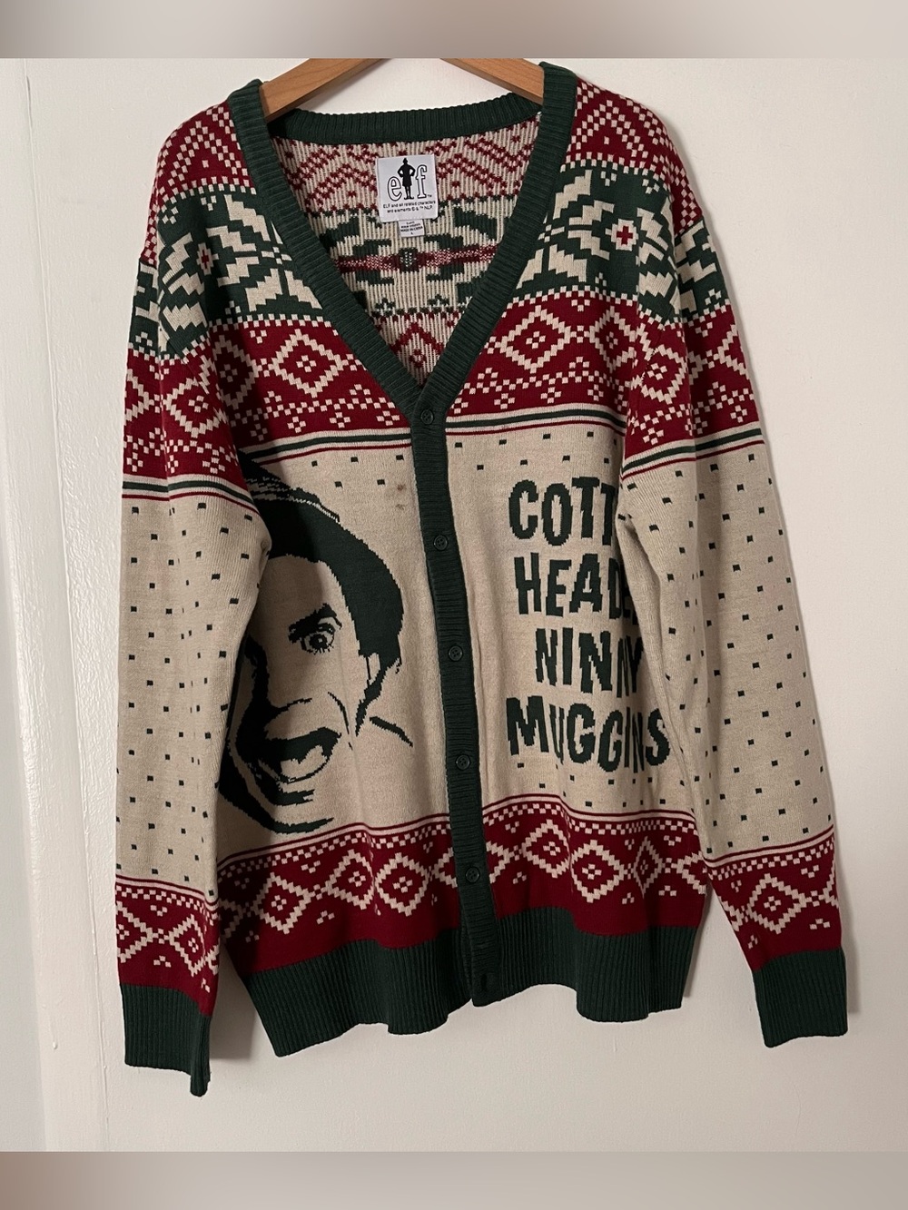 Buddy the Elf Cotton headed Ninny Muggins Christmas cardigan sweater large